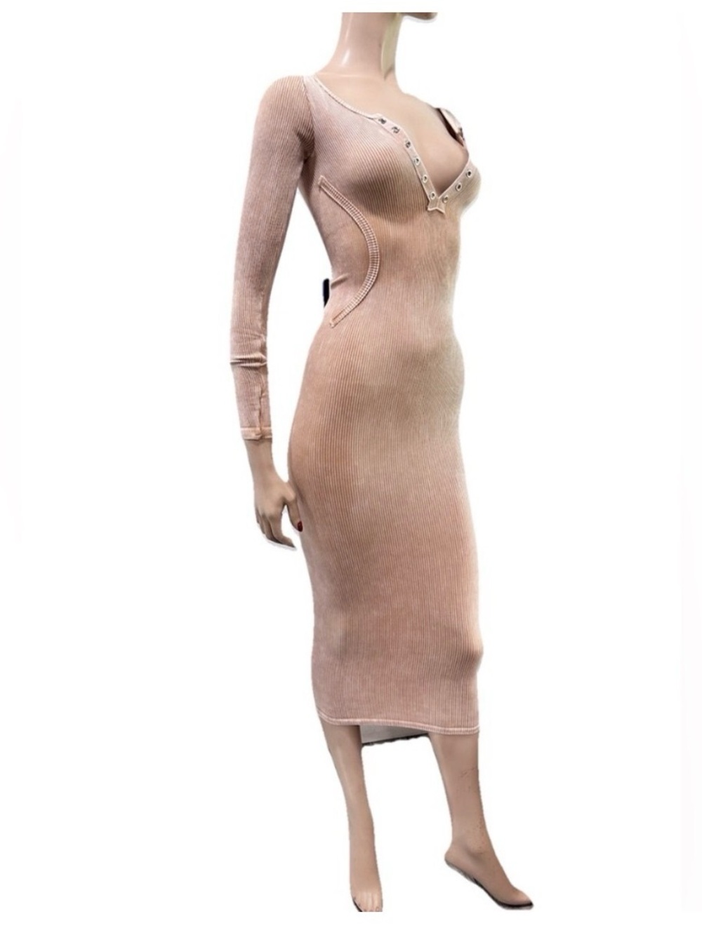 Daisy Long-Sleeve Ribbed Midi Dress in Blush